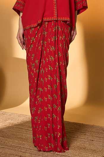 Buy_Masaba_Red Silk, Crepe Embroidery V-neck Tropical Print Shirt And Skirt Set _Online_at_Aza_Fashions