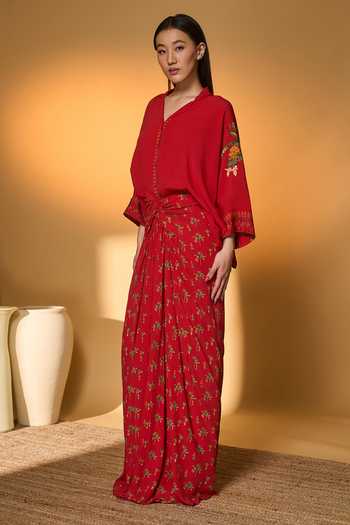 Shop_Masaba_Red Silk, Crepe Embroidery V-neck Tropical Print Shirt And Skirt Set _Online_at_Aza_Fashions