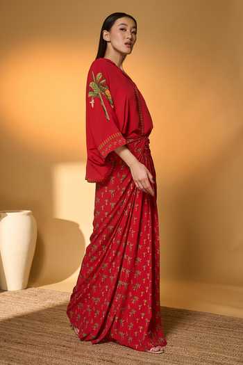 Masaba_Red Silk, Crepe Embroidery V-neck Tropical Print Shirt And Skirt Set _at_Aza_Fashions