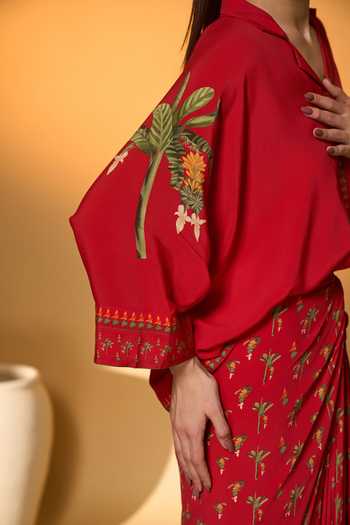 Buy_Masaba_Red Silk, Crepe Embroidery V-neck Tropical Print Shirt And Skirt Set 