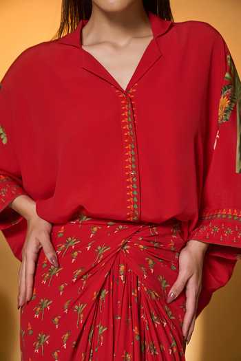 Shop_Masaba_Red Silk, Crepe Embroidery V-neck Tropical Print Shirt And Skirt Set 