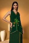 Masaba_Green Crepe, Silk V-neck Tropical Top And Veshti Set _at_Aza_Fashions