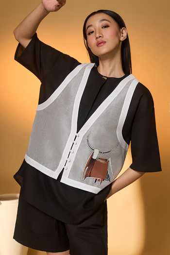 Masaba_Black Cotton, Linen, Organza Round Neck, Noir Stag Shirt And Shorts Set _Online_at_Aza_Fashions