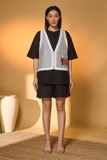 Buy_Masaba_Black Cotton, Linen, Organza Round Neck, Noir Stag Shirt And Shorts Set _at_Aza_Fashions
