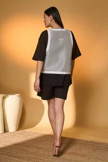 Shop_Masaba_Black Cotton, Linen, Organza Round Neck, Noir Stag Shirt And Shorts Set _at_Aza_Fashions