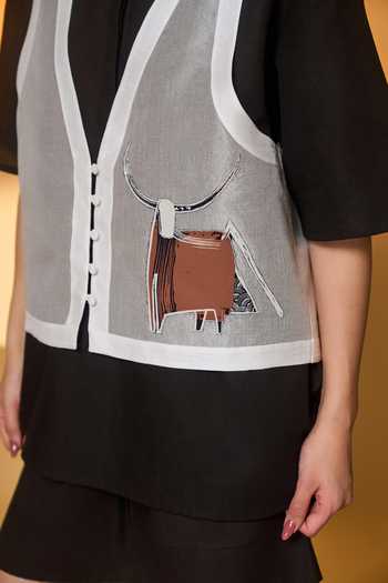 Masaba_Black Cotton, Linen, Organza Round Neck, Noir Stag Shirt And Shorts Set _at_Aza_Fashions