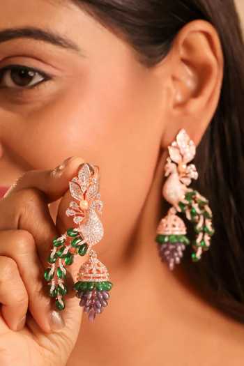 Buy_MRJEWELS_Green Beads, Stones, Crystals, Tassels Peacock Shaped Earrings _at_Aza_Fashions
