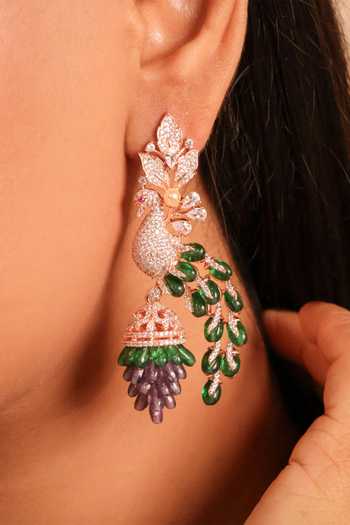 Shop_MRJEWELS_Green Beads, Stones, Crystals, Tassels Peacock Shaped Earrings _at_Aza_Fashions