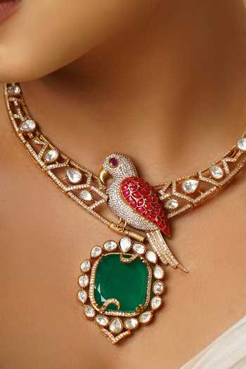 Shop_MRJEWELS_Multi Color Stones Morni Noormahal Parrot Motif Necklace Set _at_Aza_Fashions