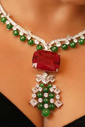 MRJEWELS_Green Beads, Stones, Crystals The Empress Edit Embellished Pendant Necklace Set _Online_at_Aza_Fashions