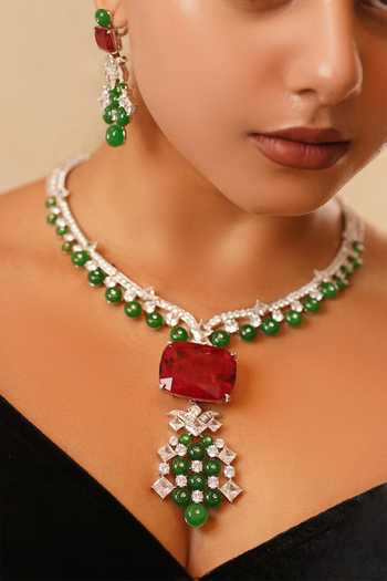 Buy_MRJEWELS_Green Beads, Stones, Crystals The Empress Edit Embellished Pendant Necklace Set _at_Aza_Fashions