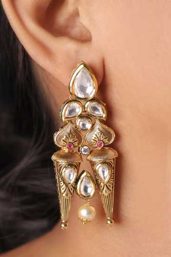 Shop_MRJEWELS_Gold Plated Pearls, Stones Antique Royal Heritage Necklace Set _at_Aza_Fashions