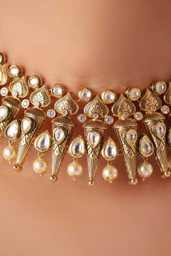 MRJEWELS_Gold Plated Pearls, Stones Antique Royal Heritage Necklace Set _Online_at_Aza_Fashions