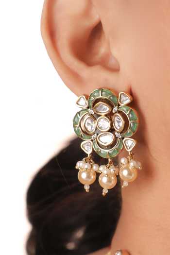 Shop_Mrjewels_White Pearls, Stones Gulbahar Meenakari Polki Choker Set _at_Aza_Fashions