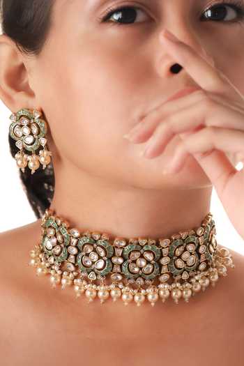 Buy_Mrjewels_White Pearls, Stones Gulbahar Meenakari Polki Choker Set _at_Aza_Fashions