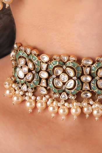 Mrjewels_White Pearls, Stones Gulbahar Meenakari Polki Choker Set _Online_at_Aza_Fashions