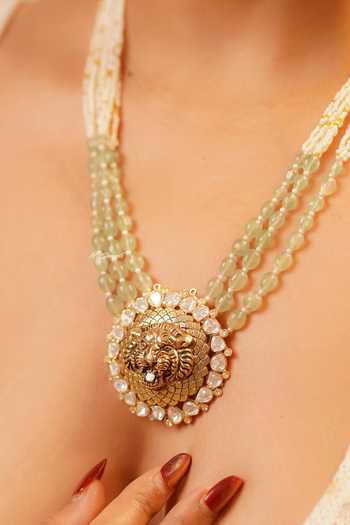 MRJEWELS_White Beads, Stones Sovereign Roar Statement Beaded Pendant Necklace Set _Online_at_Aza_Fashions