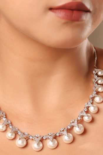 MRJEWELS_White Pearls, Faux Diamonds The Duchess Embellished Necklace Set _Online_at_Aza_Fashions