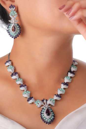 Buy_MRJEWELS_Multi Color Stones, Faux Diamonds Jade Mist Couronne Beaded Pendant Necklace Set _at_Aza_Fashions