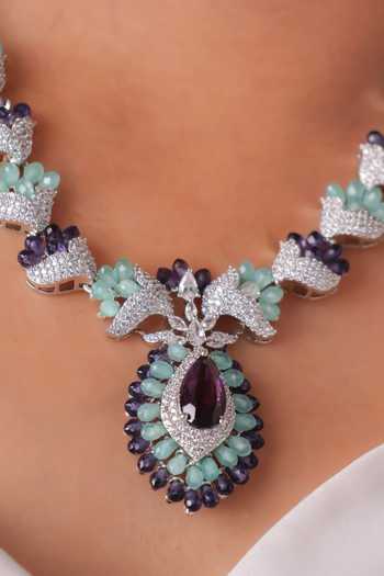 MRJEWELS_Multi Color Stones, Faux Diamonds Jade Mist Couronne Beaded Pendant Necklace Set _Online_at_Aza_Fashions