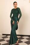 Buy_Label Astha Chhabra_Green Satin, Net, Lycra Sequins Round Placed Embellished Bodysuit And Skirt Set _at_Aza_Fashions