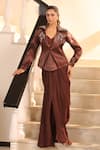 Buy_Label Astha Chhabra_Brown Organza, Satin Embroidery Open Neck, Sequin Jacket And Pre-draped Saree Set _at_Aza_Fashions