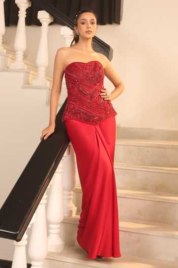 Buy_Label Astha Chhabra_Red Satin, Net Sequins, Beads Sweetheart Tonal Embellished Corset And Skirt Set _at_Aza_Fashions