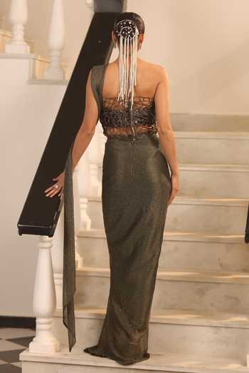 Shop_Label Astha Chhabra_Olive Green Net, Lycra Sequins One Embellished Bustier And Pre-draped Saree Set _at_Aza_Fashions
