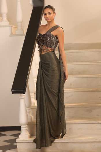 Shop_Label Astha Chhabra_Olive Green Net, Lycra Sequins One Embellished Bustier And Pre-draped Saree Set _Online_at_Aza_Fashions