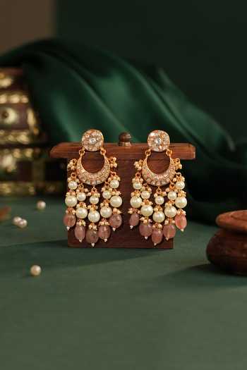 Shop_Riana Jewellery_Pink Beads, Pearls, Stones Embellished Chandbalis _at_Aza_Fashions