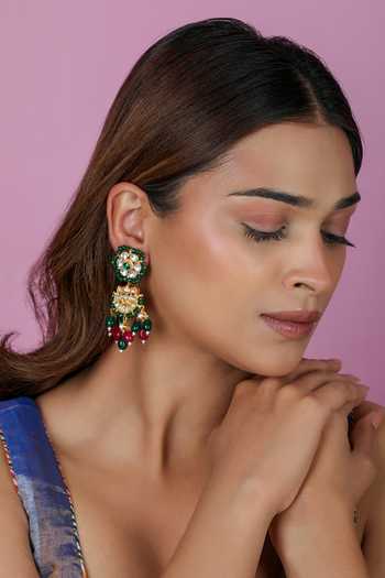 Buy_Riana Jewellery_Green Beads, Stones Matte Gold Kundan Chandbali Earrings _at_Aza_Fashions