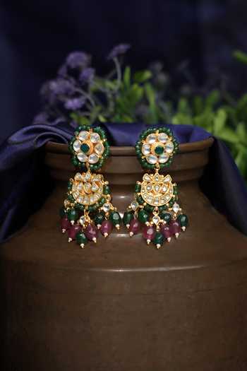 Shop_Riana Jewellery_Green Beads, Stones Matte Gold Kundan Chandbali Earrings _at_Aza_Fashions