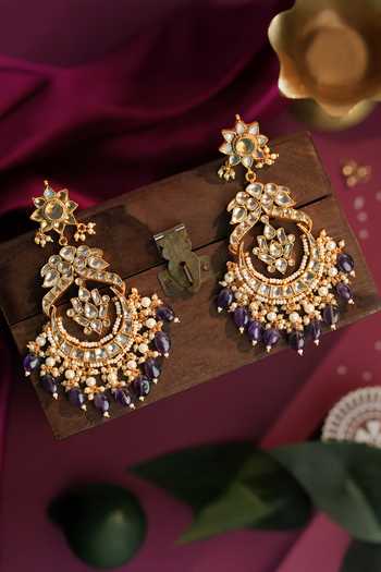 Buy_Riana Jewellery_Purple Beads, Pearls, Stones, Jadau Kundan Chandbali Earrings _at_Aza_Fashions