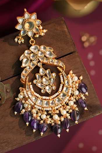 Shop_Riana Jewellery_Purple Beads, Pearls, Stones, Jadau Kundan Chandbali Earrings _at_Aza_Fashions