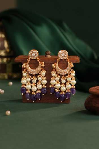 Shop_Riana Jewellery_Purple Beads, Pearls, Stones Beaded Chandbali Earrings _at_Aza_Fashions
