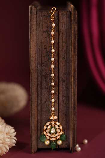 Shop_Riana Jewellery_Green Beads, Pearls, Stones Meenakari Work Maangtikka _at_Aza_Fashions