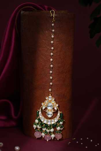Shop_Riana Jewellery_Pink Beads, Pearls, Stones Cresent Moon Maangtikka _at_Aza_Fashions