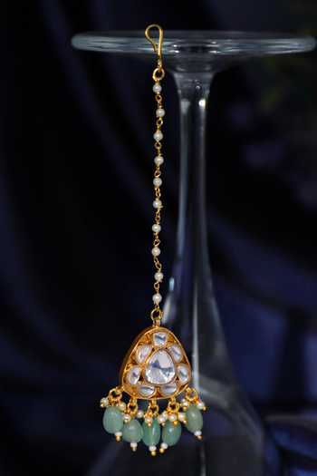 Shop_Riana Jewellery_White Beads, Pearls, Stones Kundan Embellished Maangtikka _at_Aza_Fashions