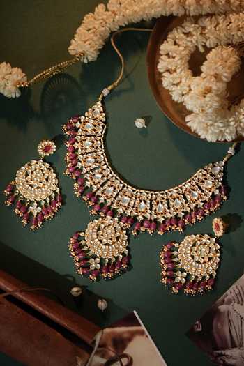 Shop_Riana Jewellery_Pink Beads, Pearls, Stones Embellished Pendant Necklace Set _at_Aza_Fashions