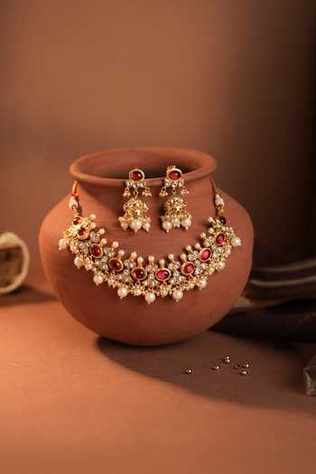 Shop_Riana Jewellery_Gold Plated Beads, Pearls, Stones Embellished Necklace Set _at_Aza_Fashions