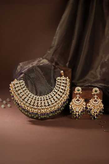 Shop_Riana Jewellery_Green Beads, Pearls, Stones Jadau Embellished Necklace Set _at_Aza_Fashions