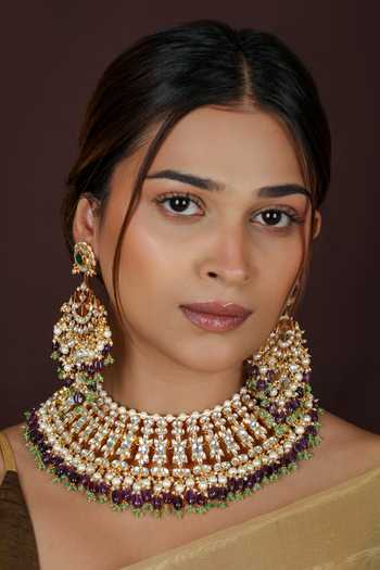 Buy_Riana Jewellery_Green Beads, Pearls, Stones Jadau Embellished Necklace Set _at_Aza_Fashions