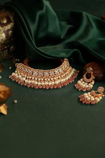 Shop_Riana Jewellery_Pink Beads, Pearls, Stones Embellished Choker Set _at_Aza_Fashions