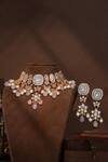 Shop_Riana Jewellery_Pink Beads, Pearls, Stones, Crystals Floret Cutwork Necklace And Earrings Set _at_Aza_Fashions