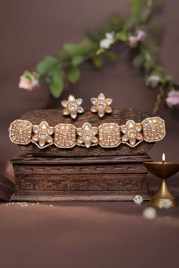 Shop_Riana Jewellery_White Pearls, Stones Floral Motif Choker Set _at_Aza_Fashions