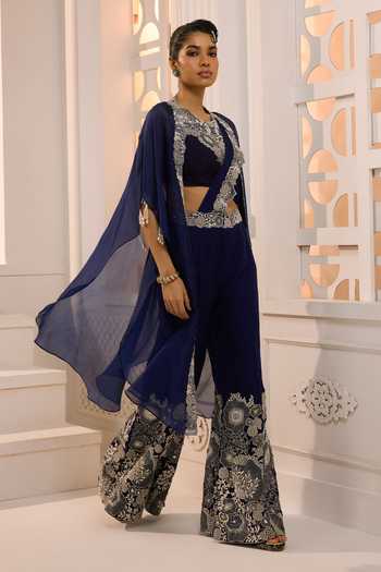 Shop_Aneesh Agarwaal_Blue Organza Embroidery Round Neck Zareen Cape Pant Set _Online_at_Aza_Fashions