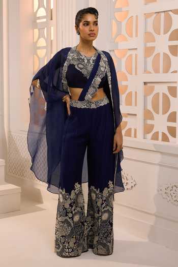 Buy_Aneesh Agarwaal_Blue Organza Embroidery Round Neck Zareen Cape Pant Set _at_Aza_Fashions