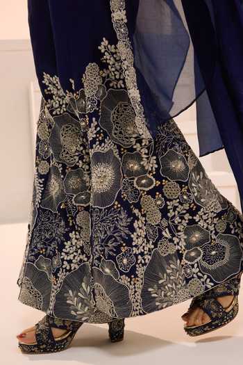 Aneesh Agarwaal_Blue Organza Embroidery Round Neck Zareen Cape Pant Set _at_Aza_Fashions
