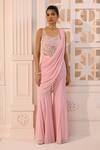 Buy_Aneesh Agarwaal_Pink Chiffon, Organza Tassels, Ziya Pre-draped Pant Saree With Corset _at_Aza_Fashions