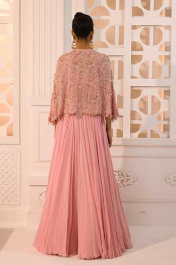 Shop_Aneesh Agarwaal_Pink Chiffon, Crinkle Embroidery, Sequins Nayantara Floral Cape Lehenga Set _at_Aza_Fashions